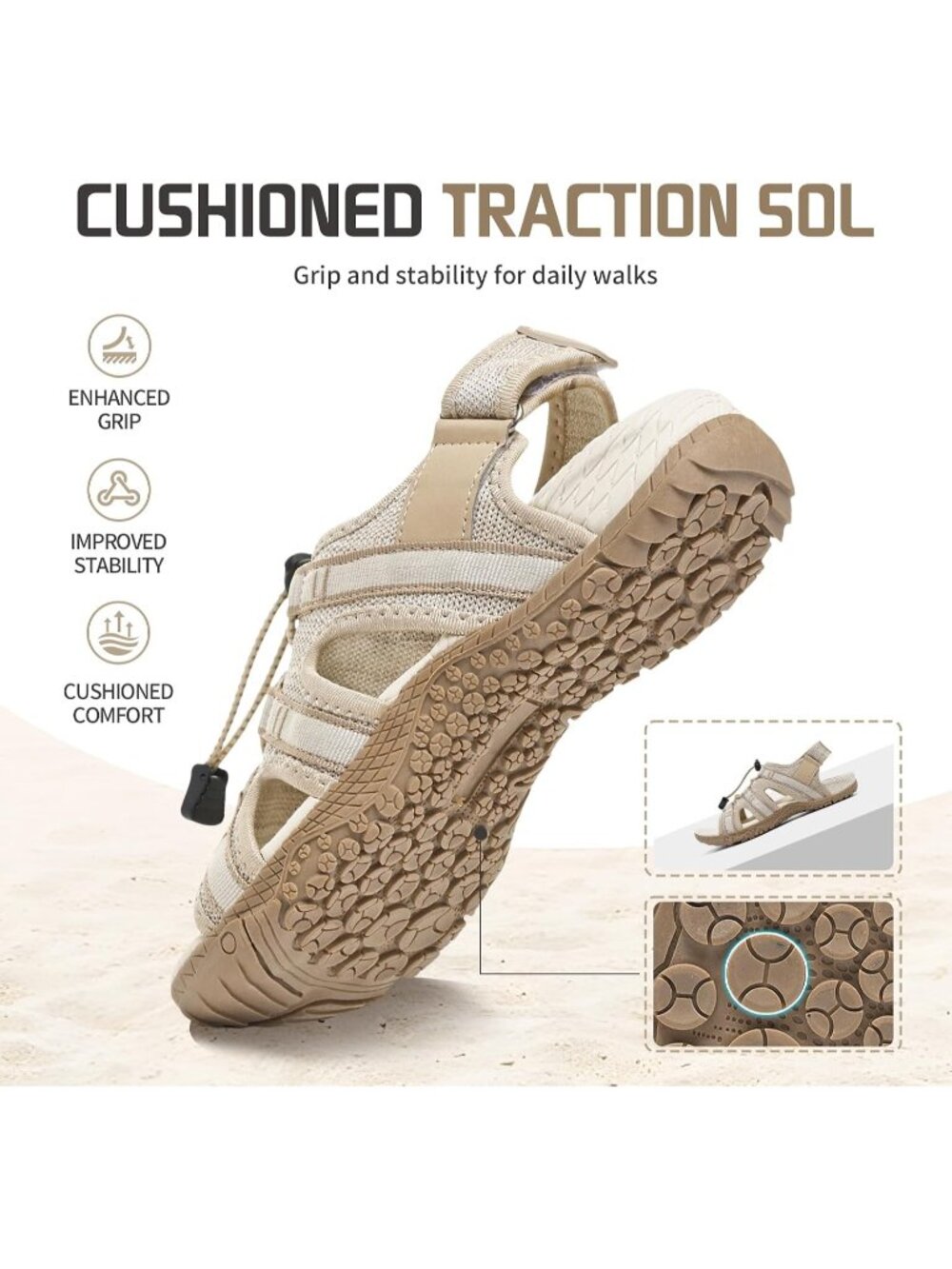 Women's Beige Mesh Orthopedic Arch Support Adjustable Sport Walking Sandals - Picture 5 of 6